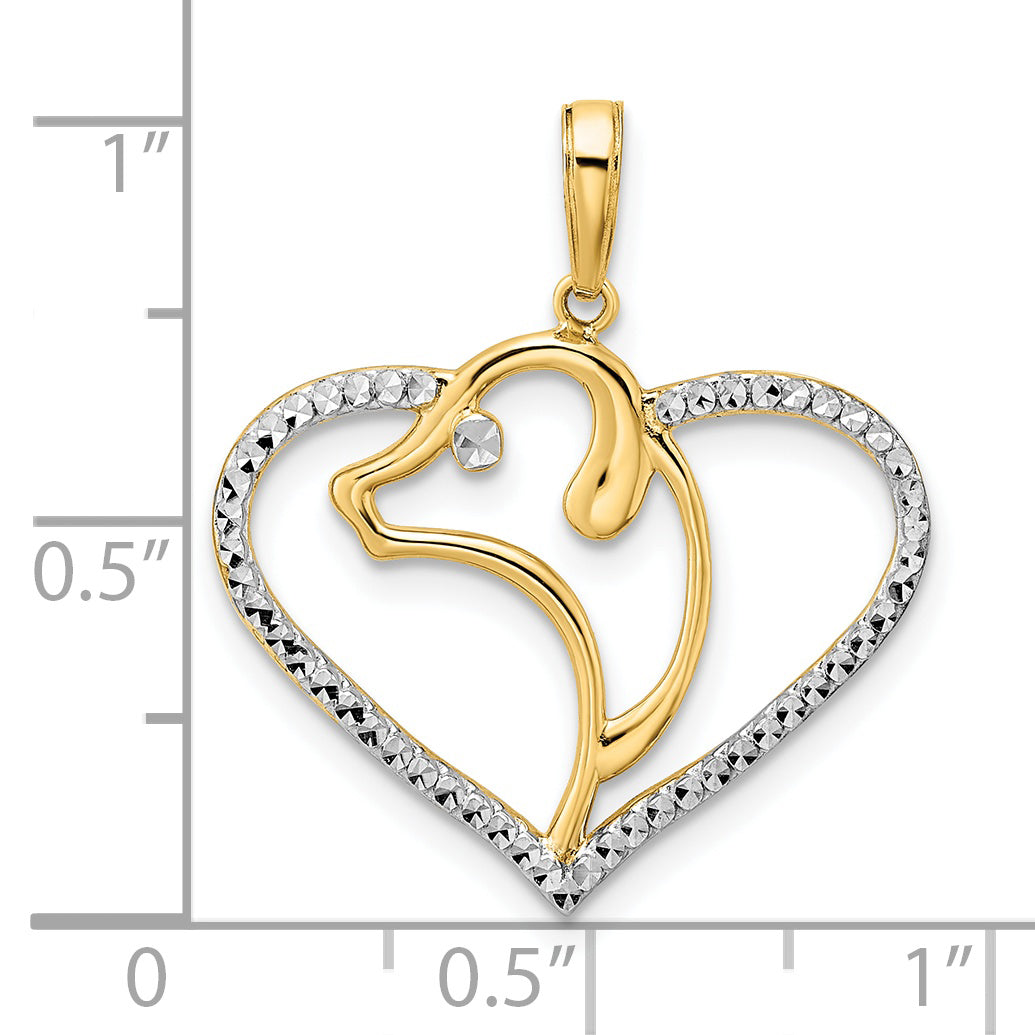 14k and White Rhodium Diamond-cut Dog Head in Heart Pendant