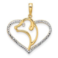 14k and White Rhodium Diamond-cut Dog Head in Heart Pendant