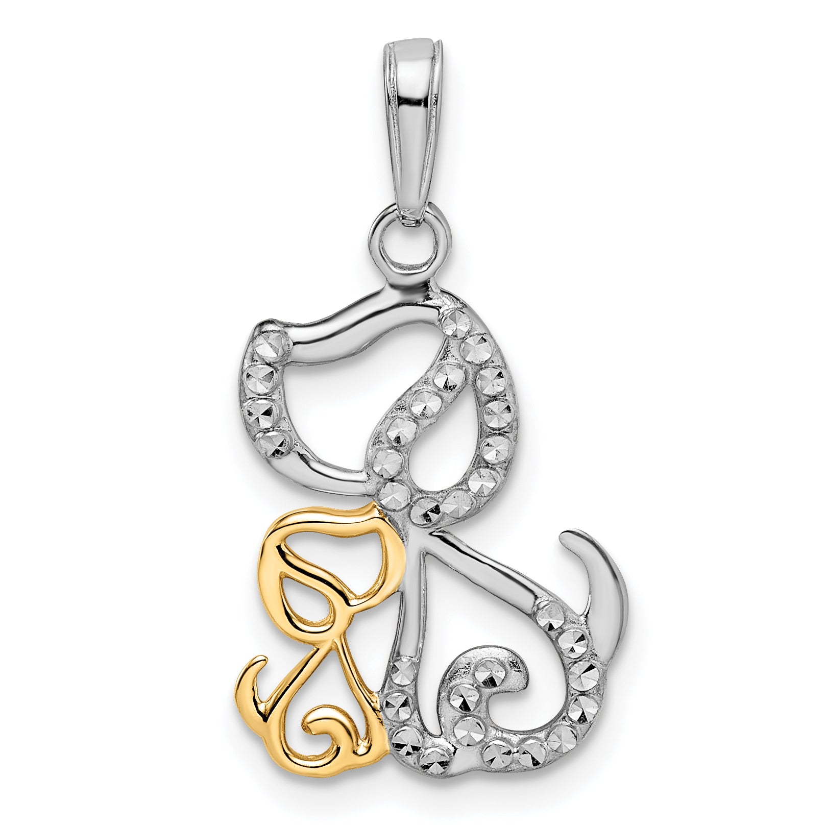 14k and White Rhodium Diamond-cut Dog and Puppy Pendant