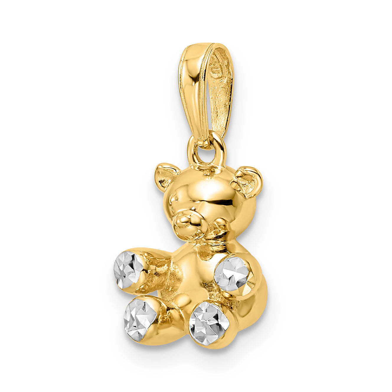 14k w/ White Rhodium 3D Diamond-cut Teddy Bear Pendant