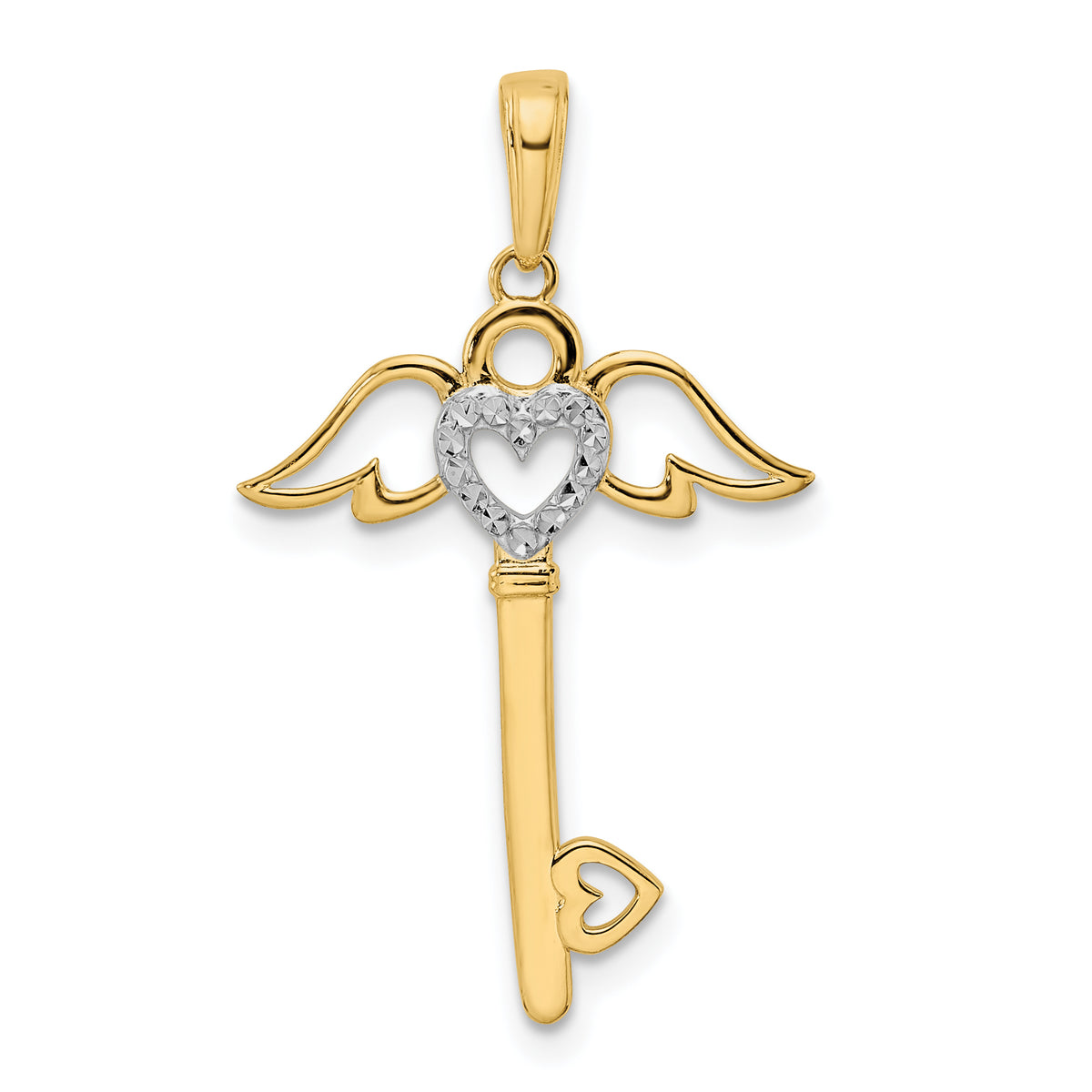 14k and White Rhodium D/C Heart/ Angel Wings Key Pendant