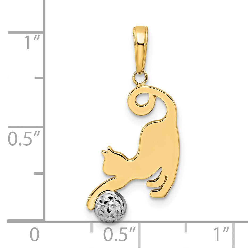 14k and White Rhodium Diamond-cut Cat and Ball Pendant