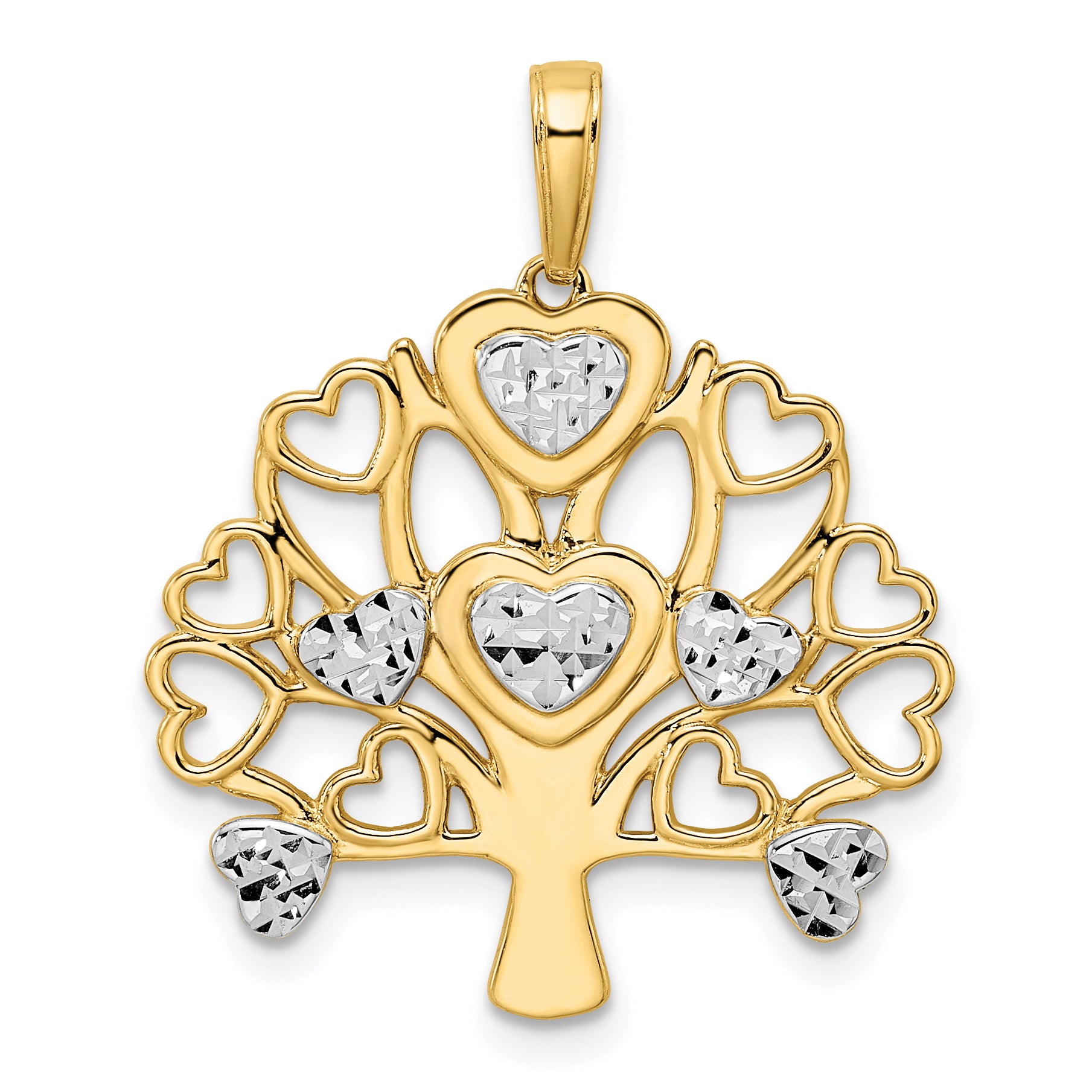 14k and White Rhodium Diamond-cut Heart Tree of Life Pendant