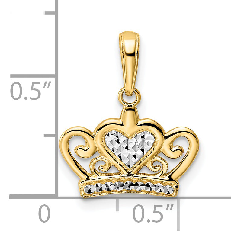 14k and White Rhodium Diamond-cut Heart Crown Pendant