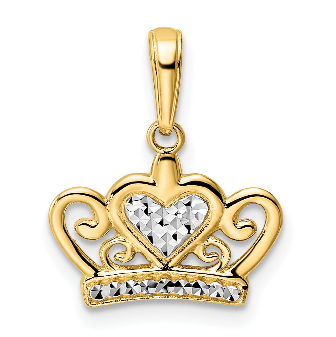 14k and White Rhodium Diamond-cut Heart Crown Pendant