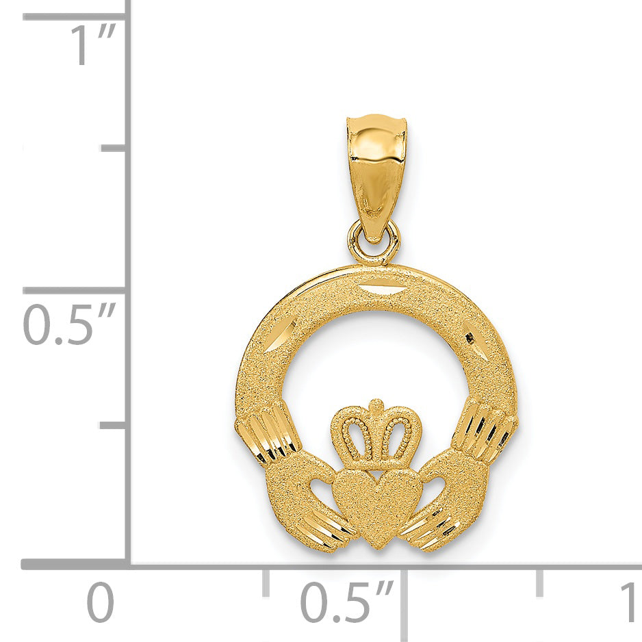 14K Gold Claddagh Charm with Brushed Diamond-Cut Finish, Solid Cast Design