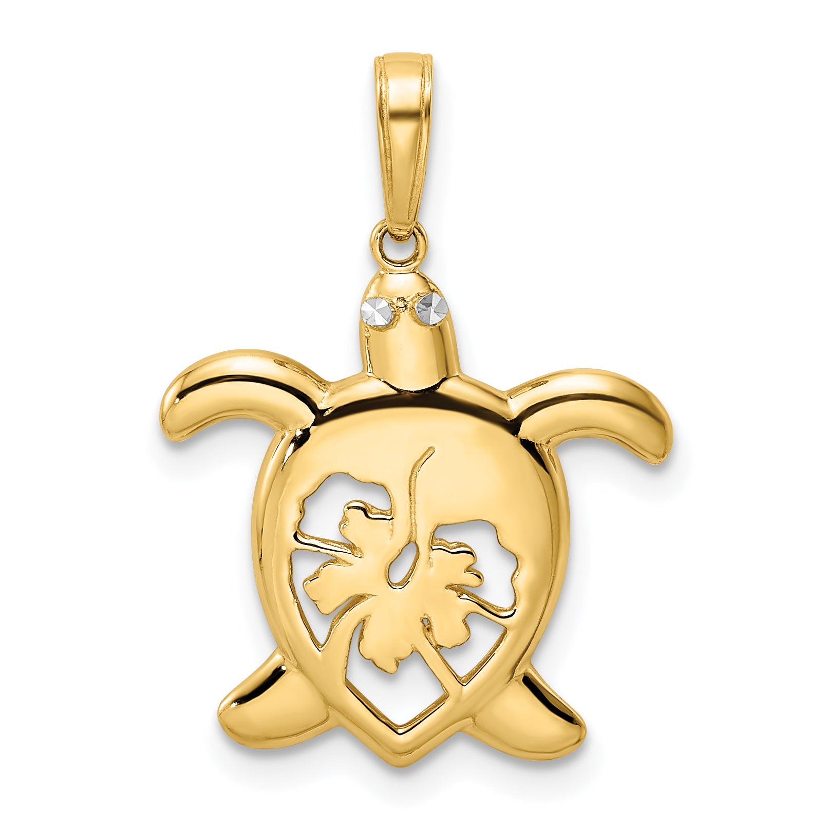 14k and White Rhodium Diamond-cut Floral Turtle Pendant