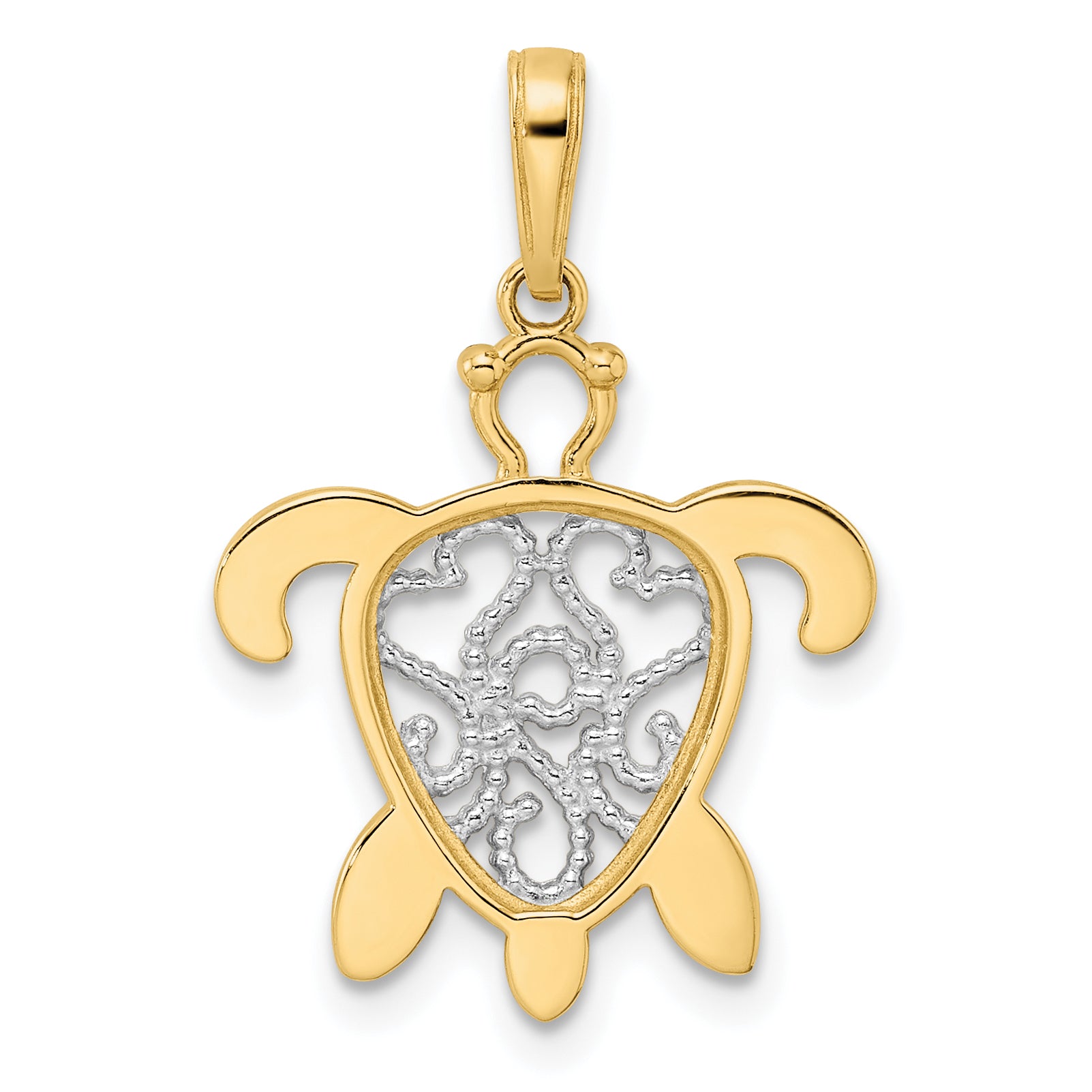 14k and White Rhodium Diamond-cut Filigree Turtle Pendant