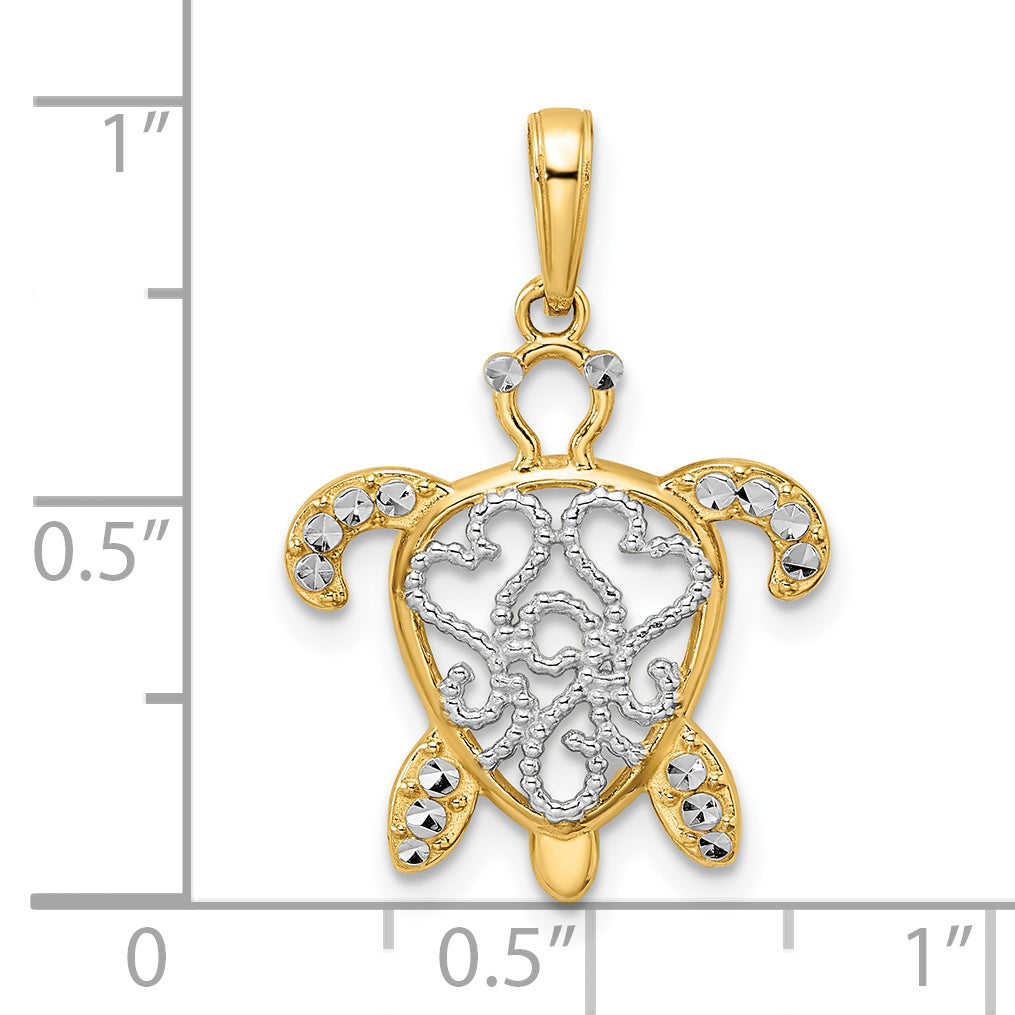 14k and White Rhodium Diamond-cut Filigree Turtle Pendant