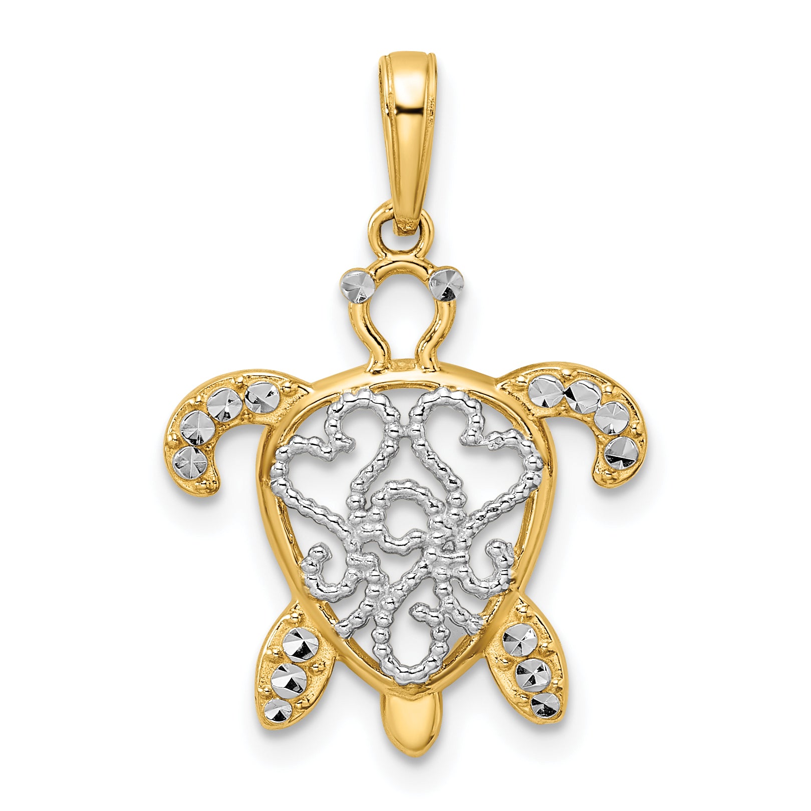 14k and White Rhodium Diamond-cut Filigree Turtle Pendant