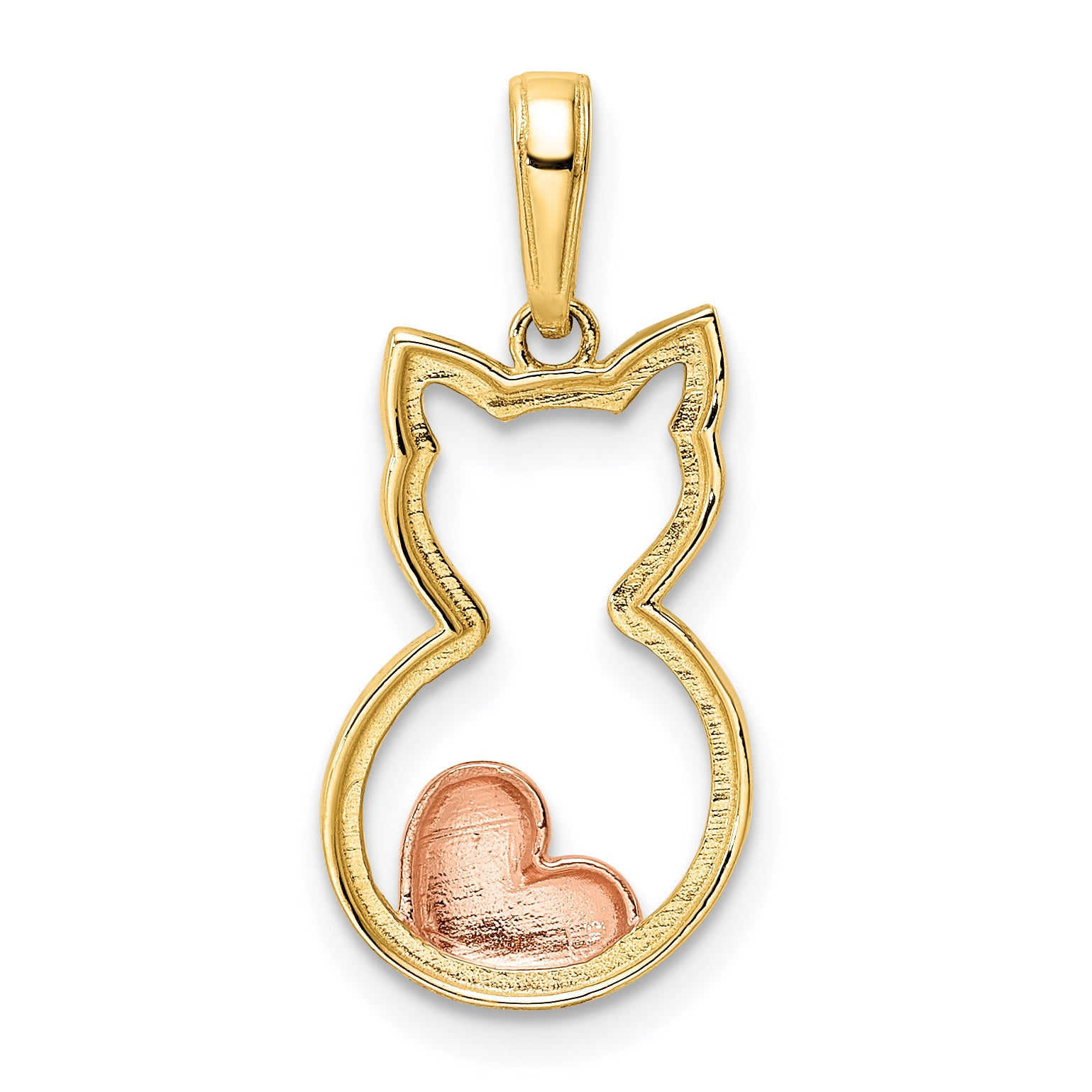 14k w/White and Rose Rhodium Diamond-cut Cat w/ Heart Pendant