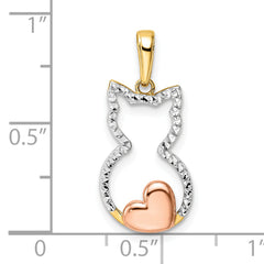 14k w/White and Rose Rhodium Diamond-cut Cat w/ Heart Pendant