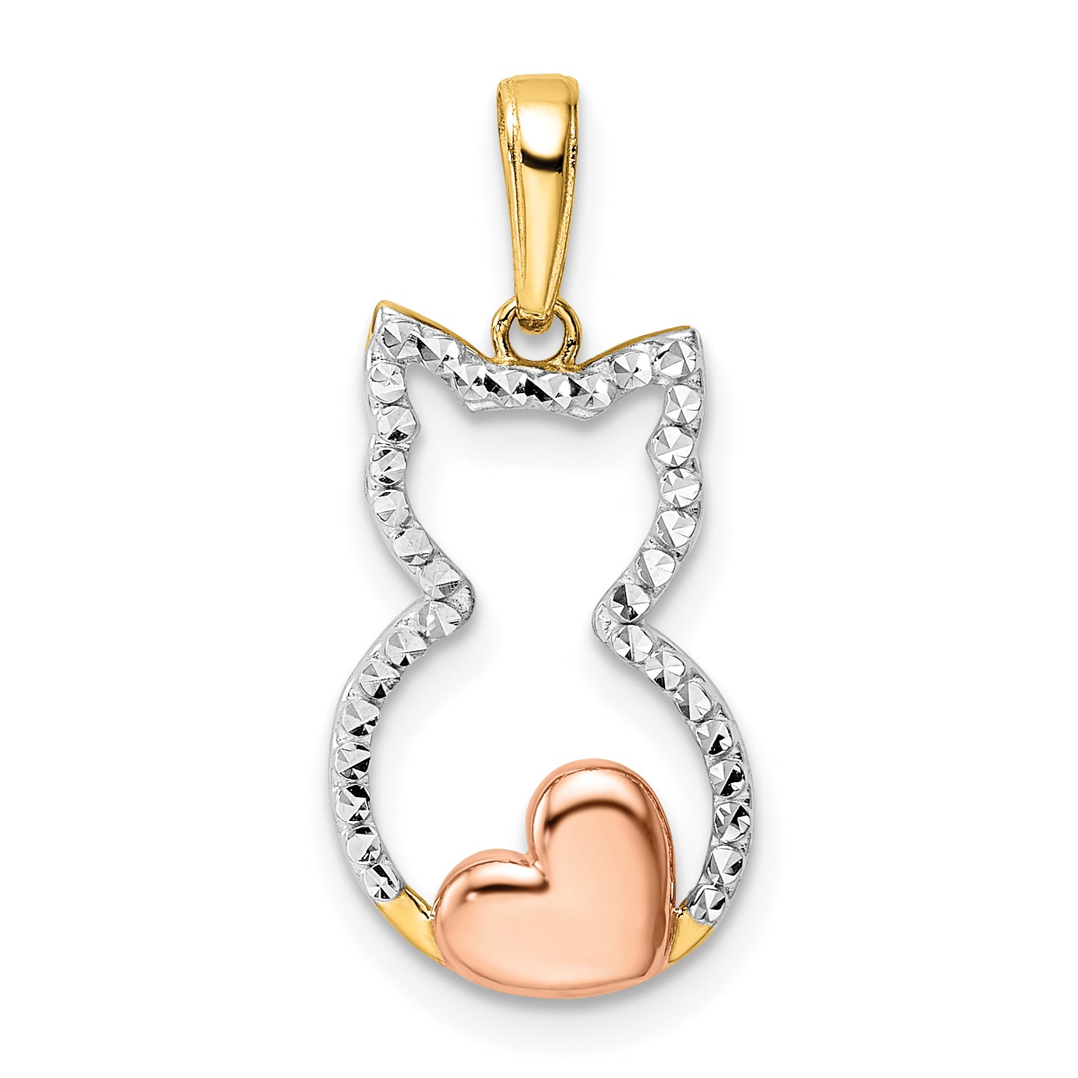 14k w/White and Rose Rhodium Diamond-cut Cat w/ Heart Pendant