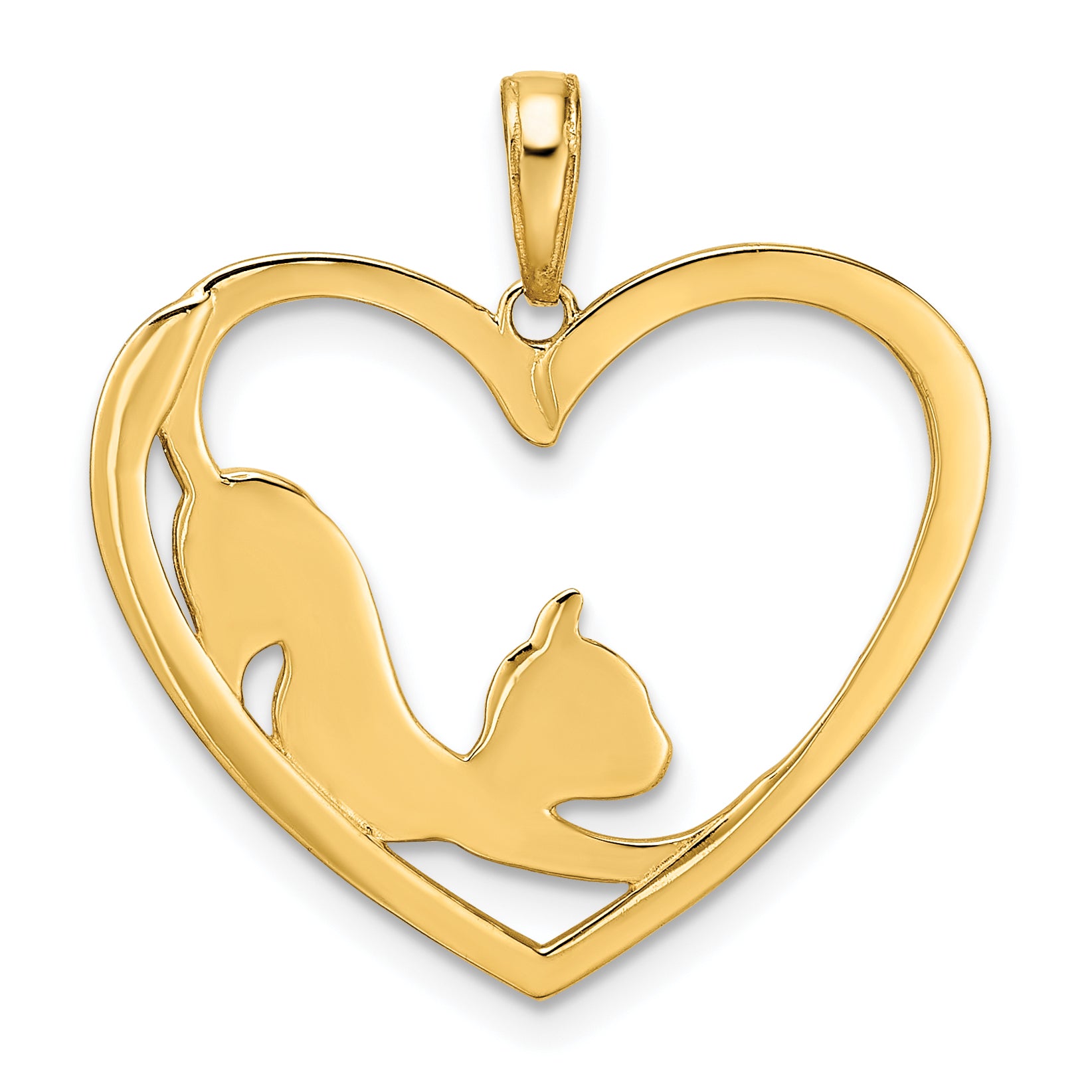 14k and White Rhodium Diamond-cut Cat Stretching in Heart Pendant