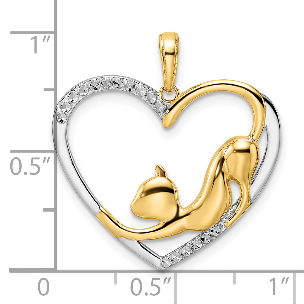 14k and White Rhodium Diamond-cut Cat Stretching in Heart Pendant