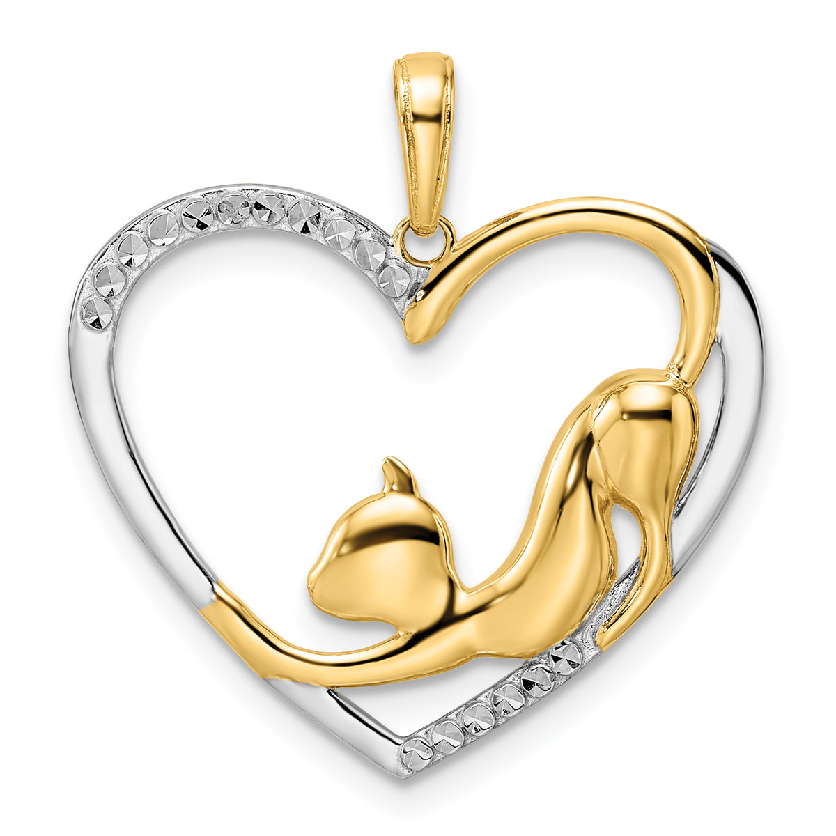 14k and White Rhodium Diamond-cut Cat Stretching in Heart Pendant