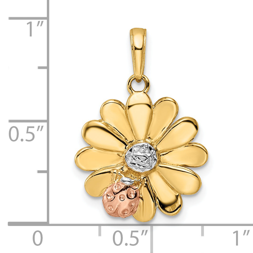 14k w/White and Rose Rhodium Diamond-cut Ladybug on Flower Pendant