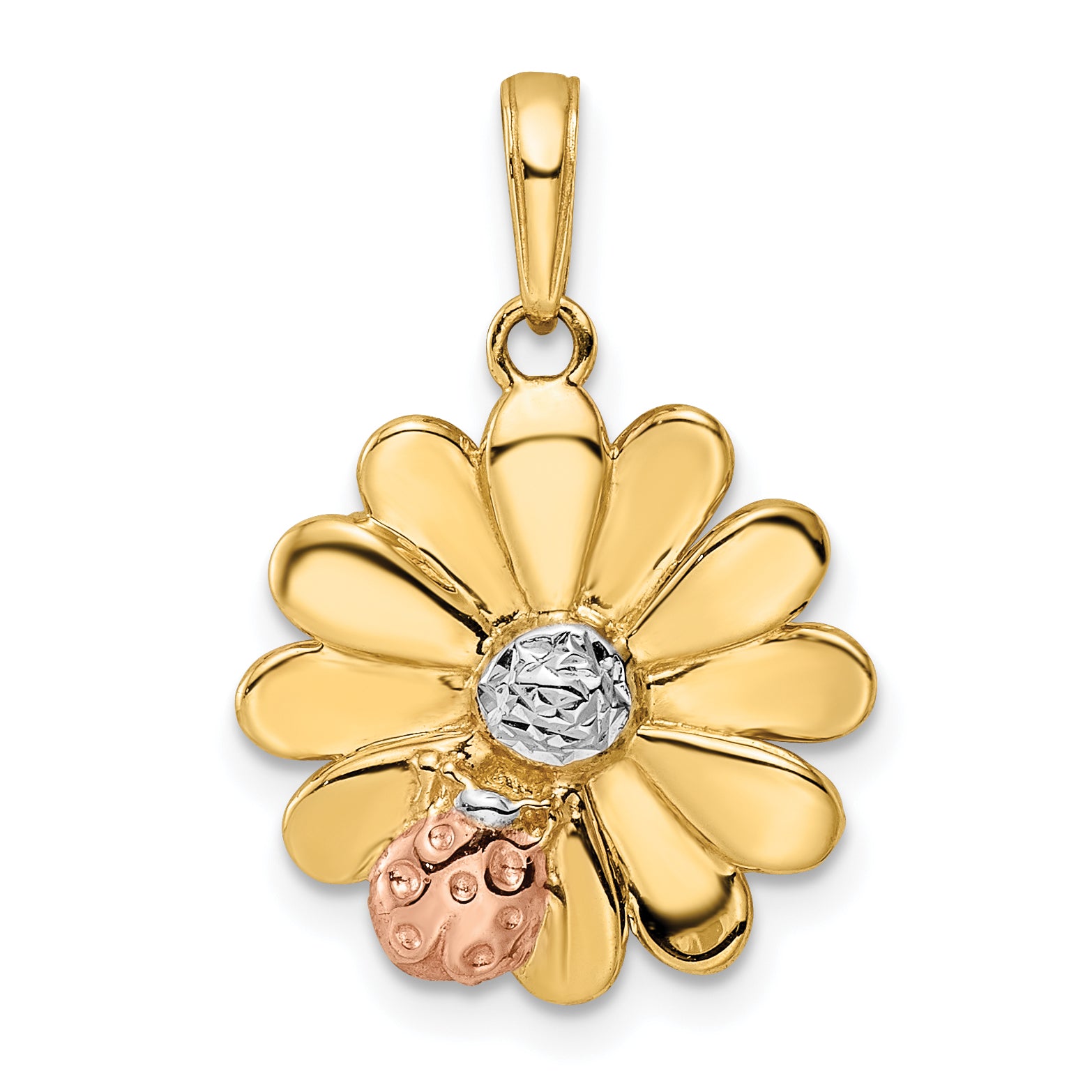 14k w/White and Rose Rhodium Diamond-cut Ladybug on Flower Pendant