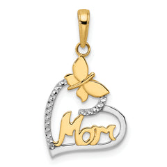 14K w/White Rhodium Diamond-cut Butterfly Mom in Heart Pendant