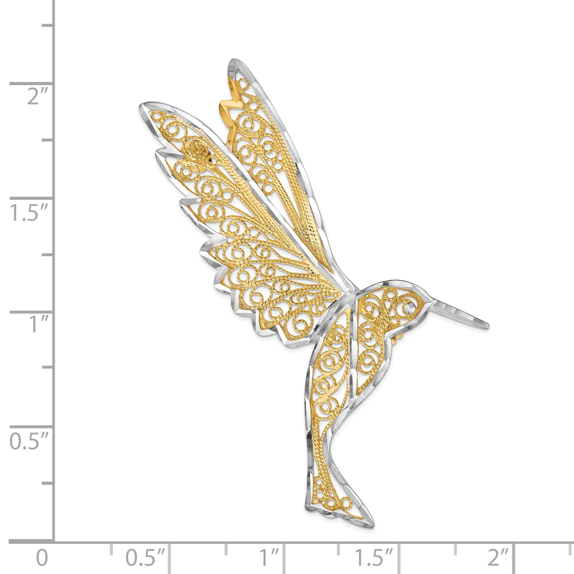 14K Gold & Rhodium Hummingbird Pin with Diamond-Cut Filigree Design