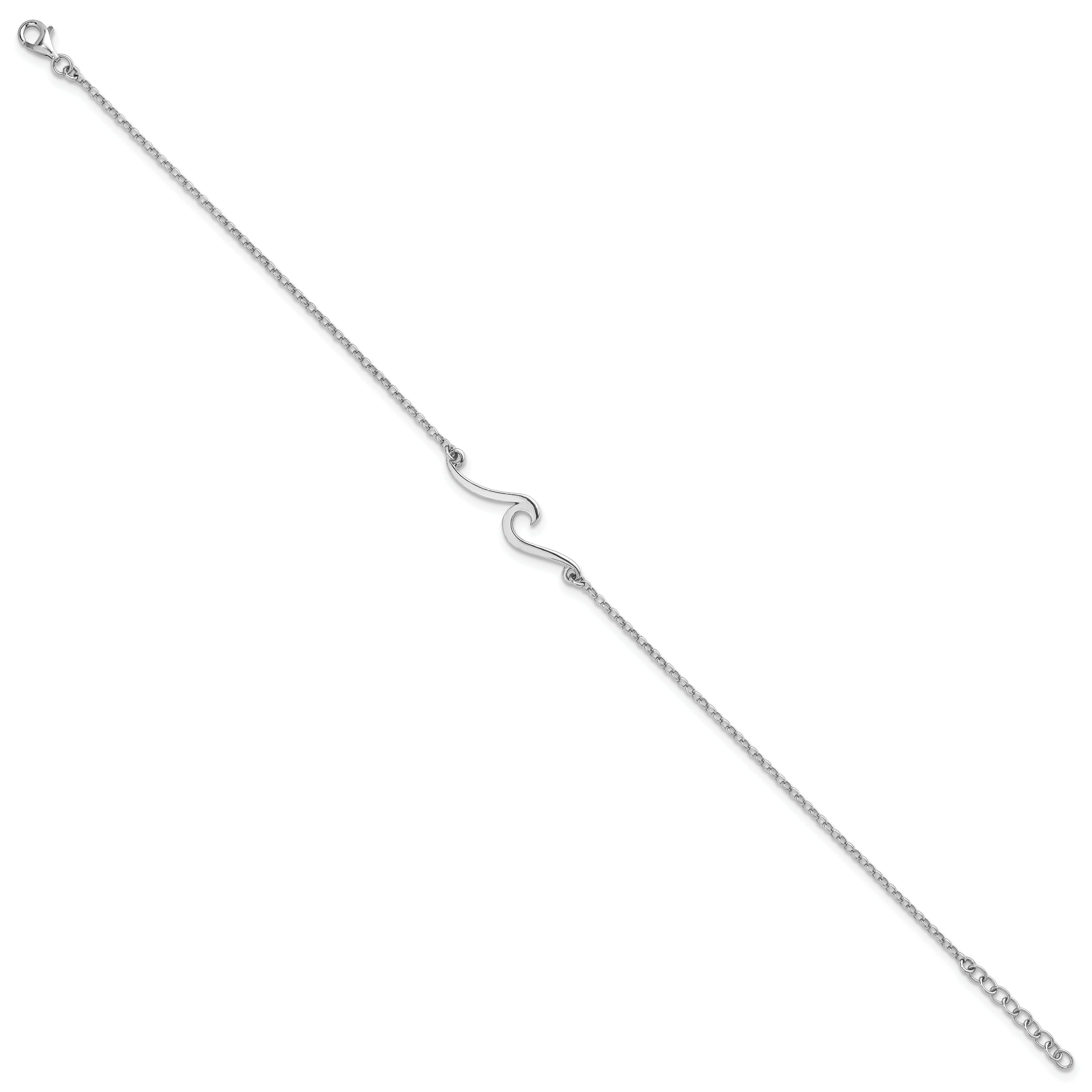 Sterling Silver Rhodium-plated Polished Wave 9 inch with a 1 inch extention Anklet