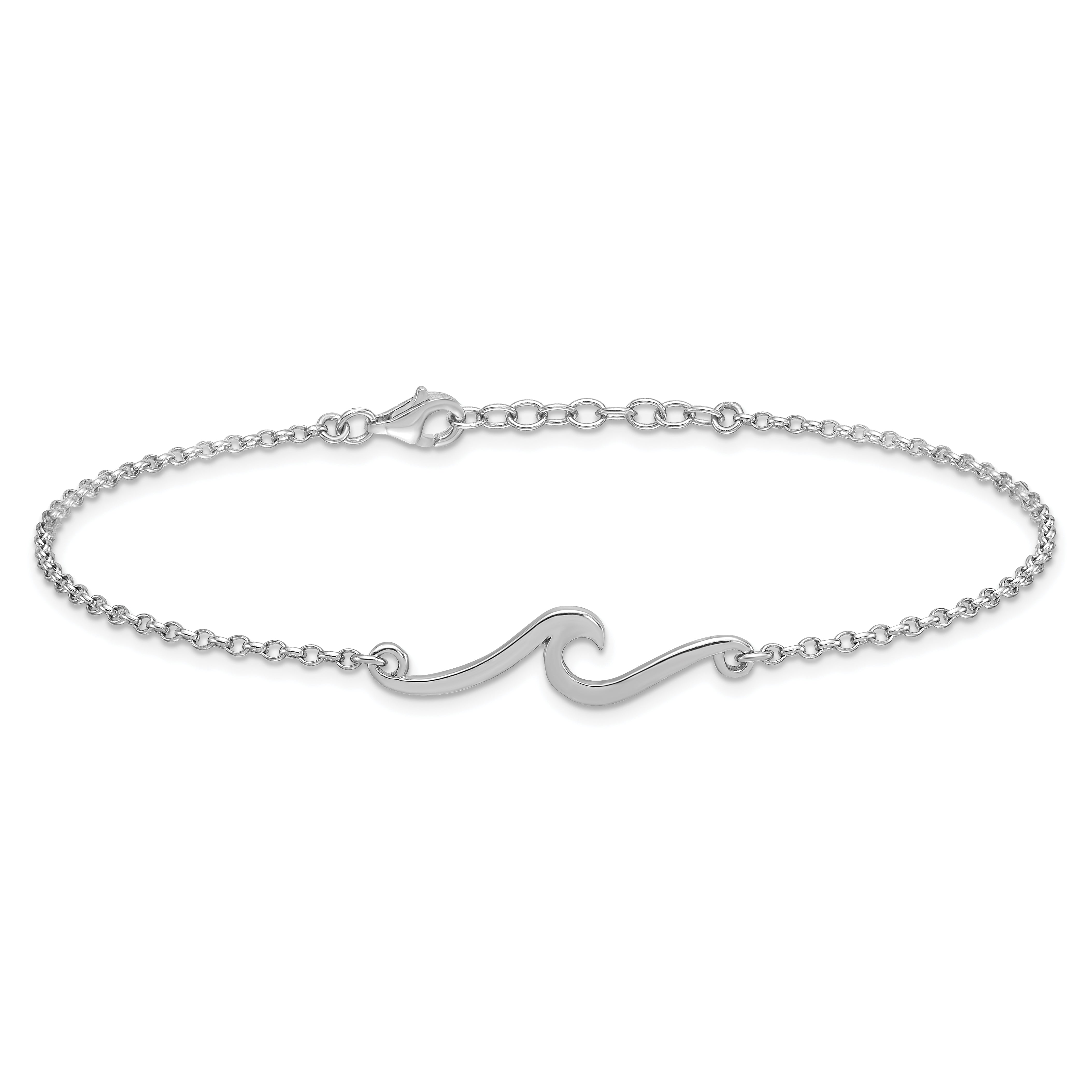 Sterling Silver Rhodium-plated Polished Wave 9 inch with a 1 inch extention Anklet