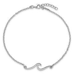 Sterling Silver Rhodium-plated Polished Wave 9 inch with a 1 inch extention Anklet