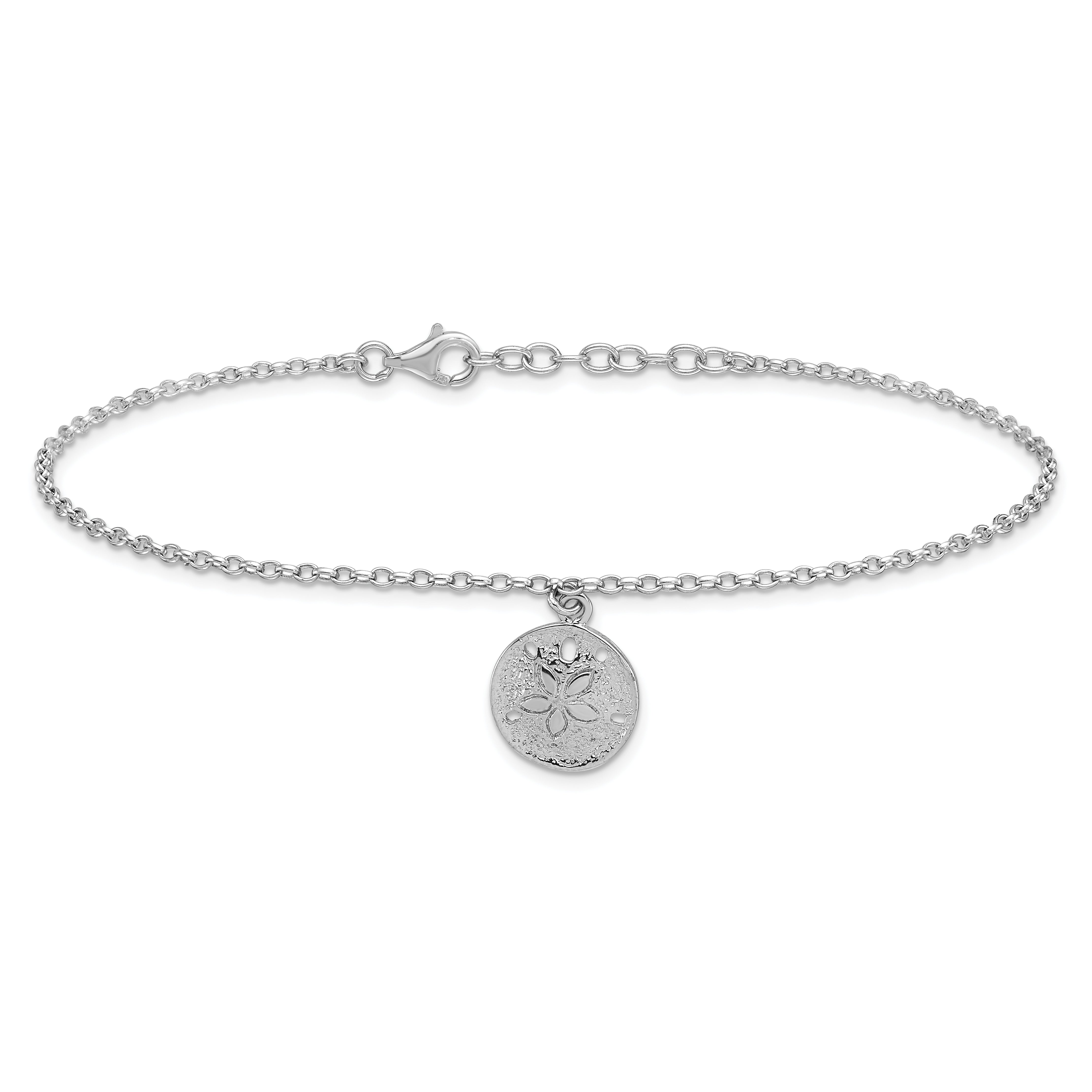 Sterling Silver Rhodium-Plated Textured Sand Dollar 9 inch with a 1 inch extention Anklet