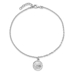 Sterling Silver Rhodium-Plated Textured Sand Dollar 9 inch with a 1 inch extention Anklet