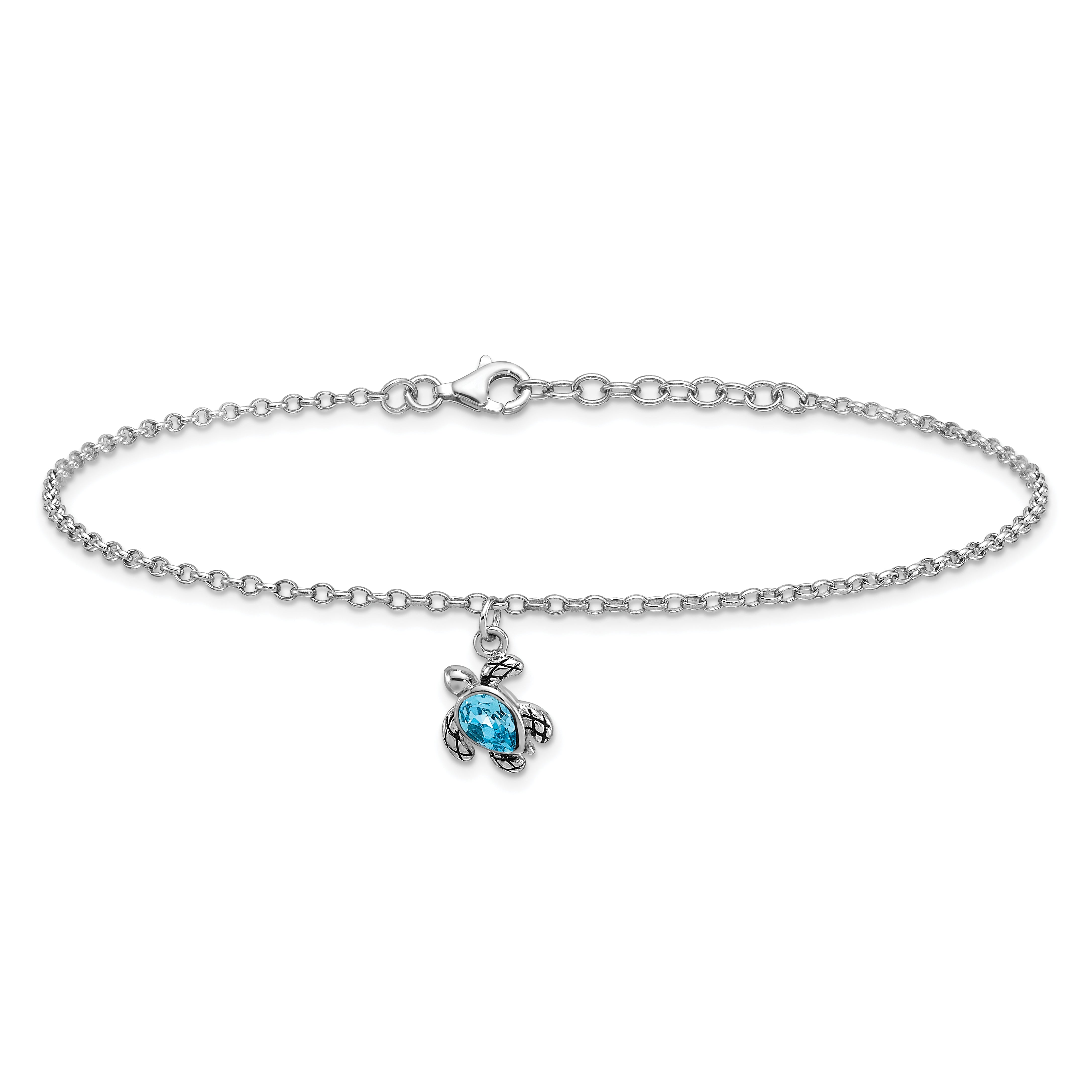 Sterling Silver Rhodium-plated Antiqued Crystal Turtle 9 inch with an 1 inch Anklet