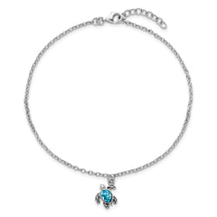 Sterling Silver Rhodium-plated Antiqued Crystal Turtle 9 inch with an 1 inch Anklet