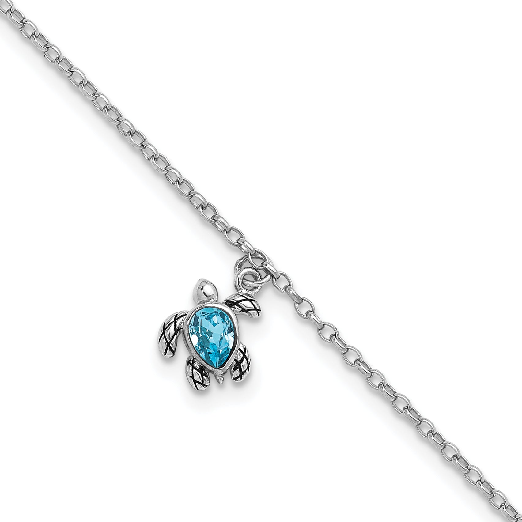 Sterling Silver Rhodium-plated Antiqued Crystal Turtle 9 inch with an 1 inch Anklet