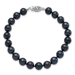 14k White Gold 7-8mm Round Black Saltwater Akoya Cultured Pearl Bracelet