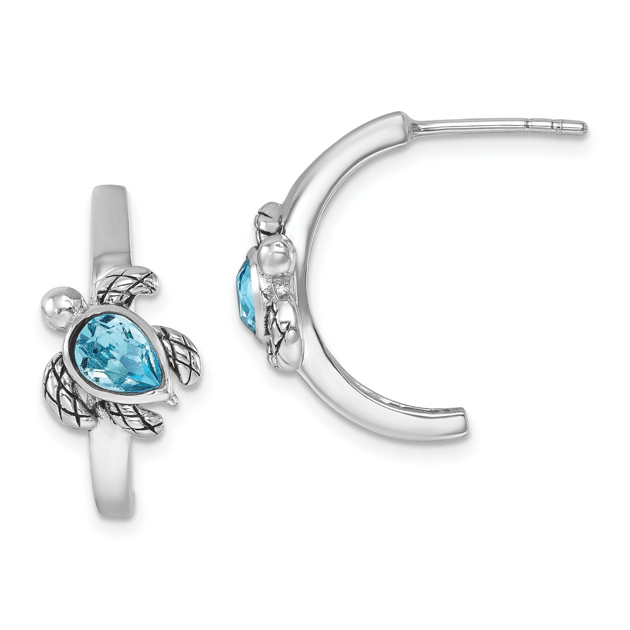 Sterling Silver Rhodium-plated Antiqued Crystal Turtle J-Hoop Earrings