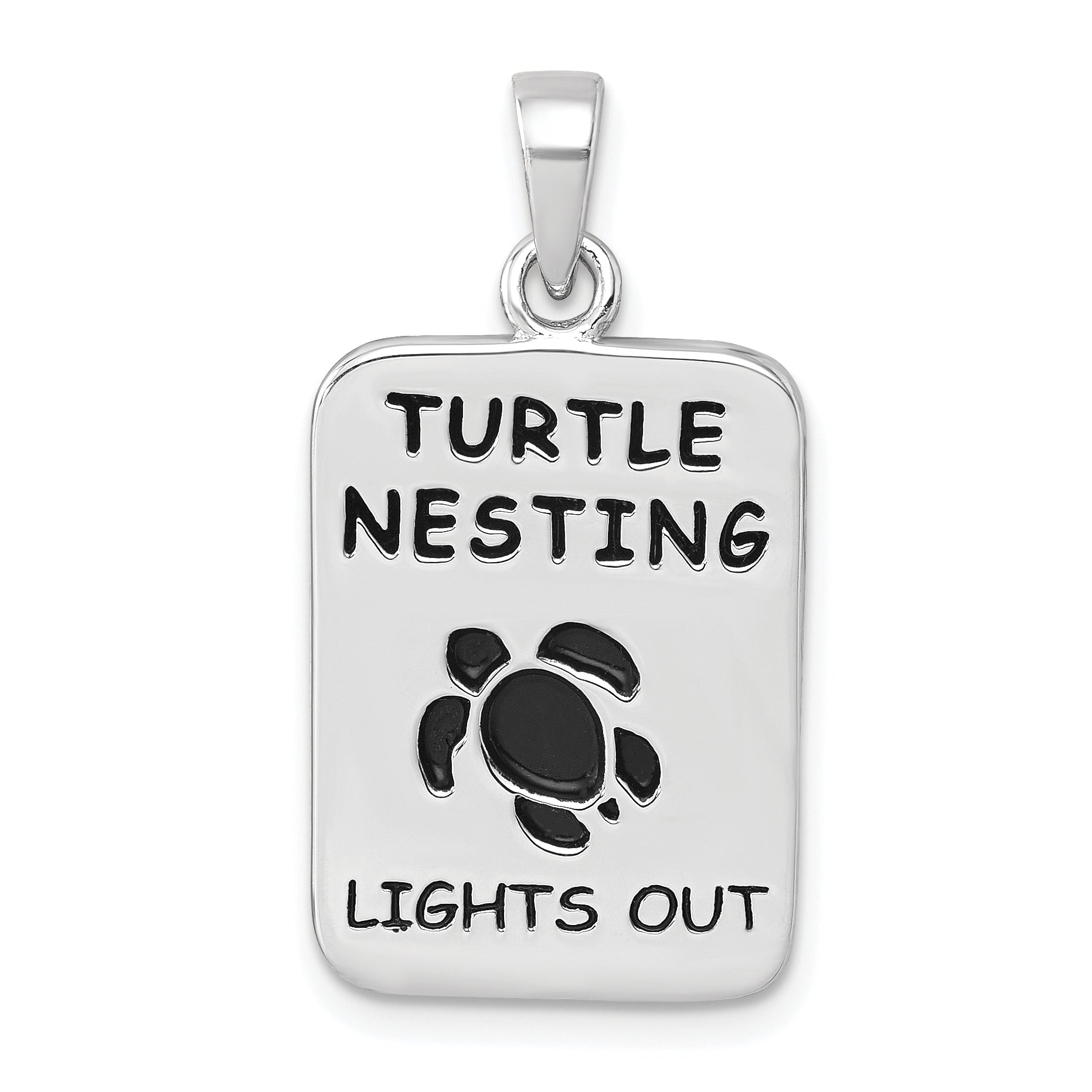 Sterling Silver Rhodium-Plated Antiqued Turtle Nesting Lights Out Sign Pendant