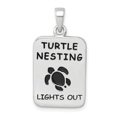 Sterling Silver Rhodium-Plated Antiqued Turtle Nesting Lights Out Sign Pendant