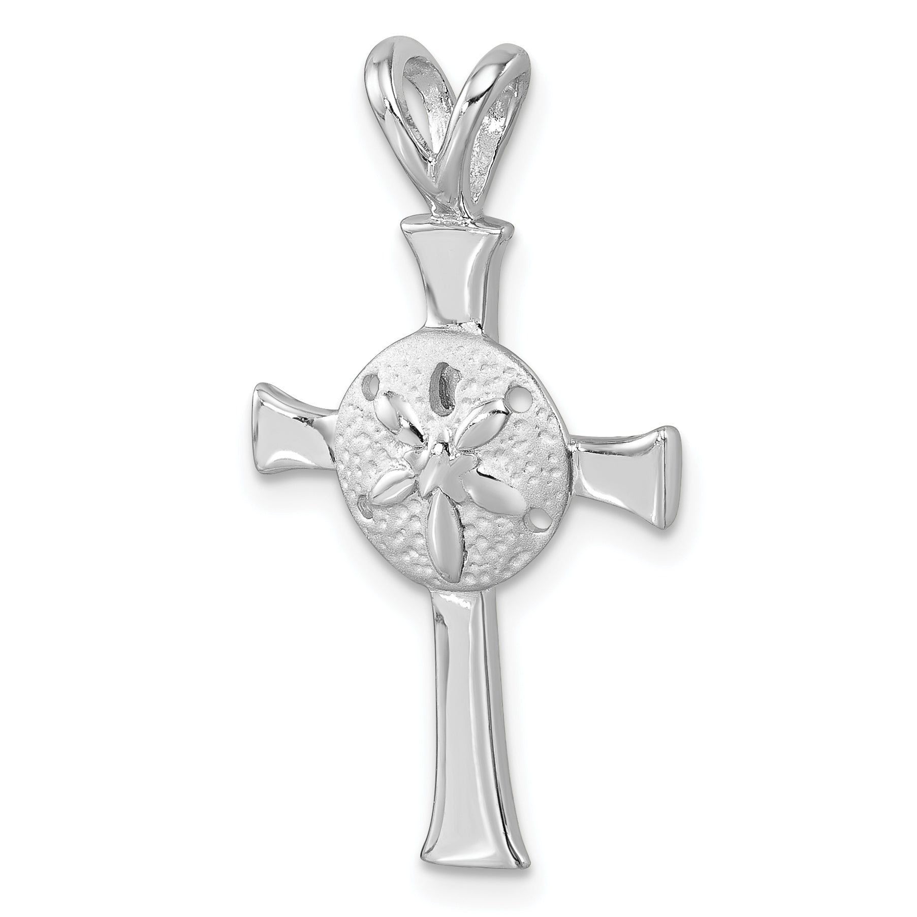 Sterling Silver Rhodium-Plated Polished and Brushed Sand Dollar Cross Pendant