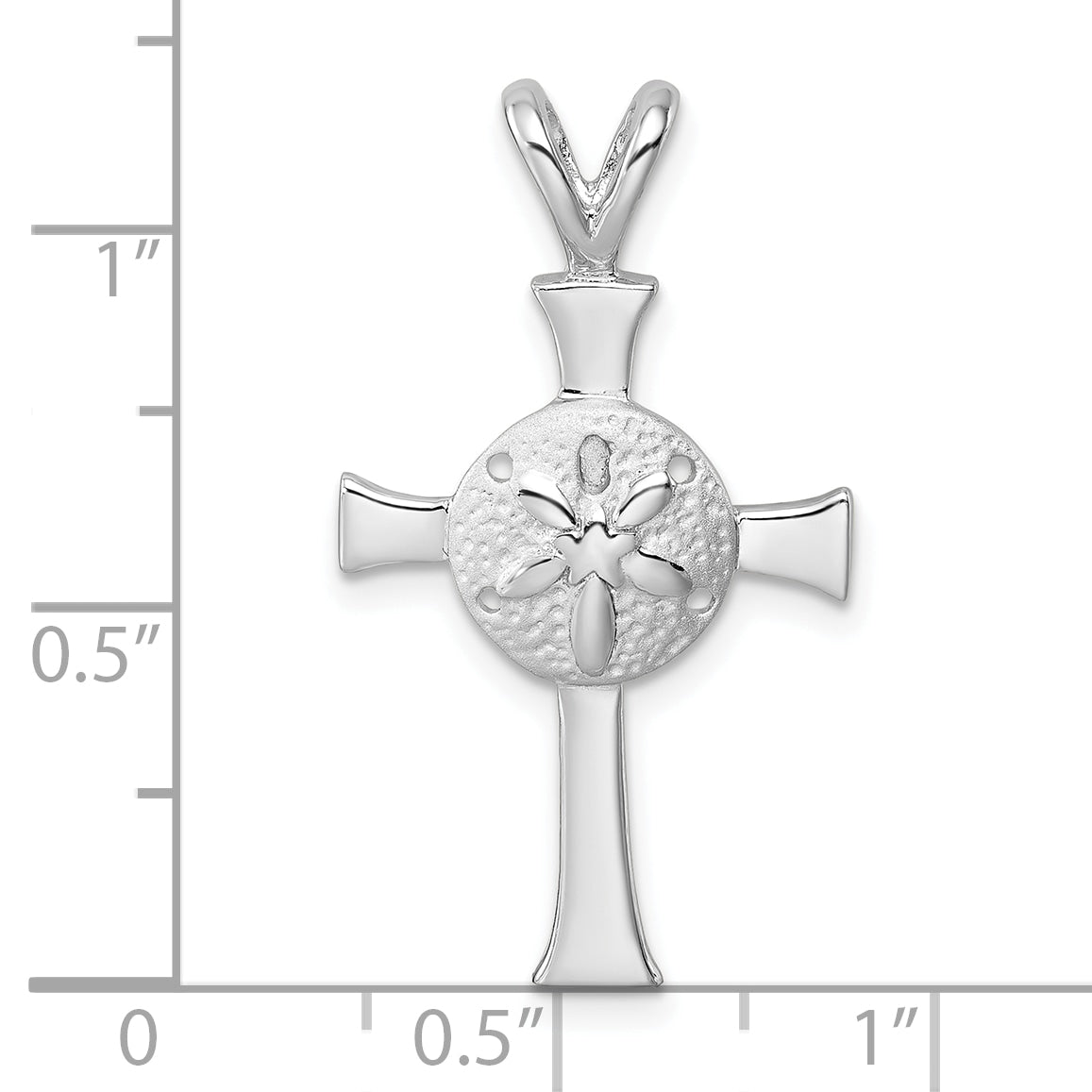 Sterling Silver Rhodium-Plated Polished and Brushed Sand Dollar Cross Pendant