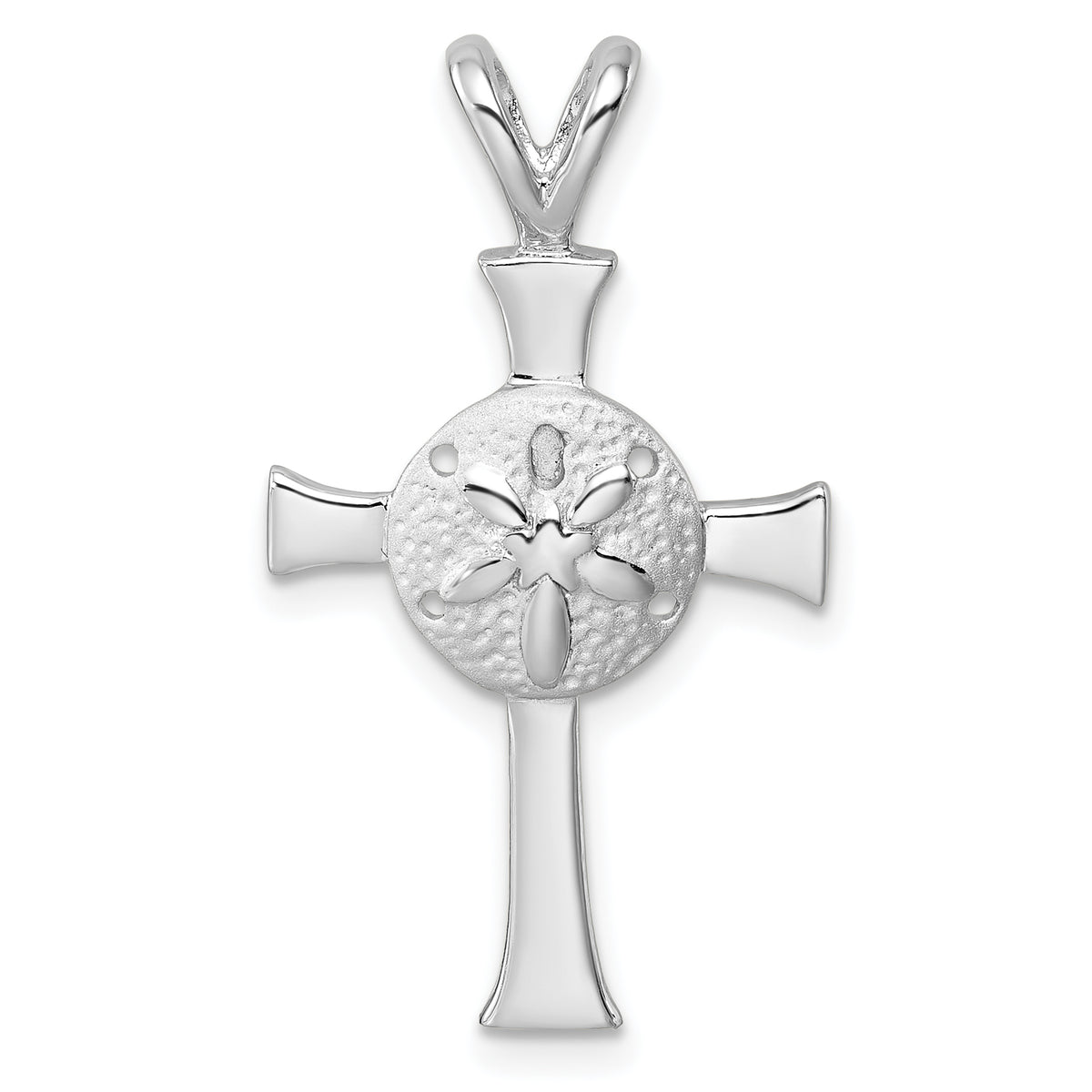 Sterling Silver Rhodium-Plated Polished and Brushed Sand Dollar Cross Pendant