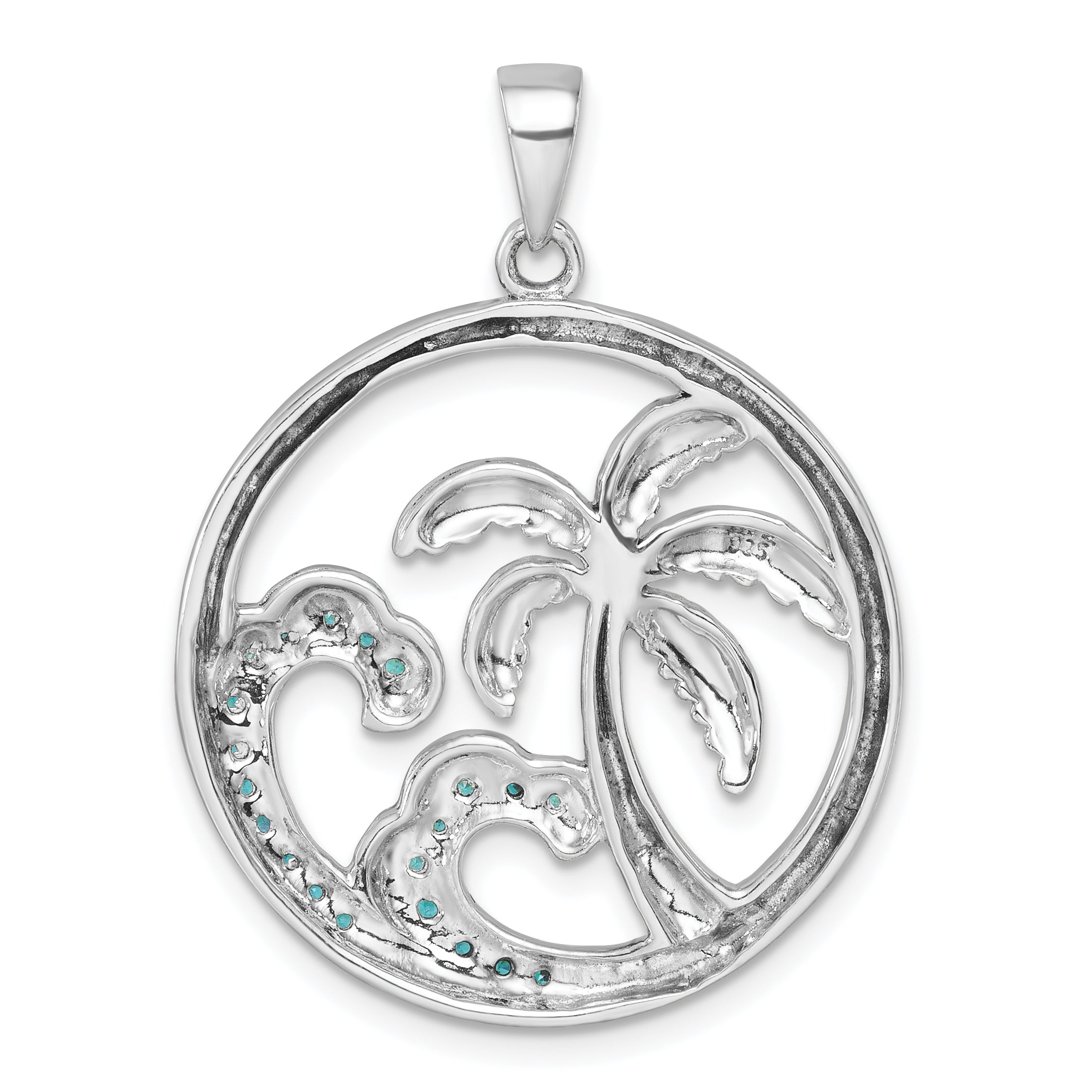 Sterling Silver Rhodium-Plated CZ Wave and Palm Tree Pendant