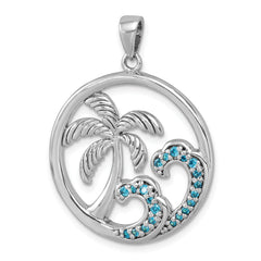 Sterling Silver Rhodium-Plated CZ Wave and Palm Tree Pendant