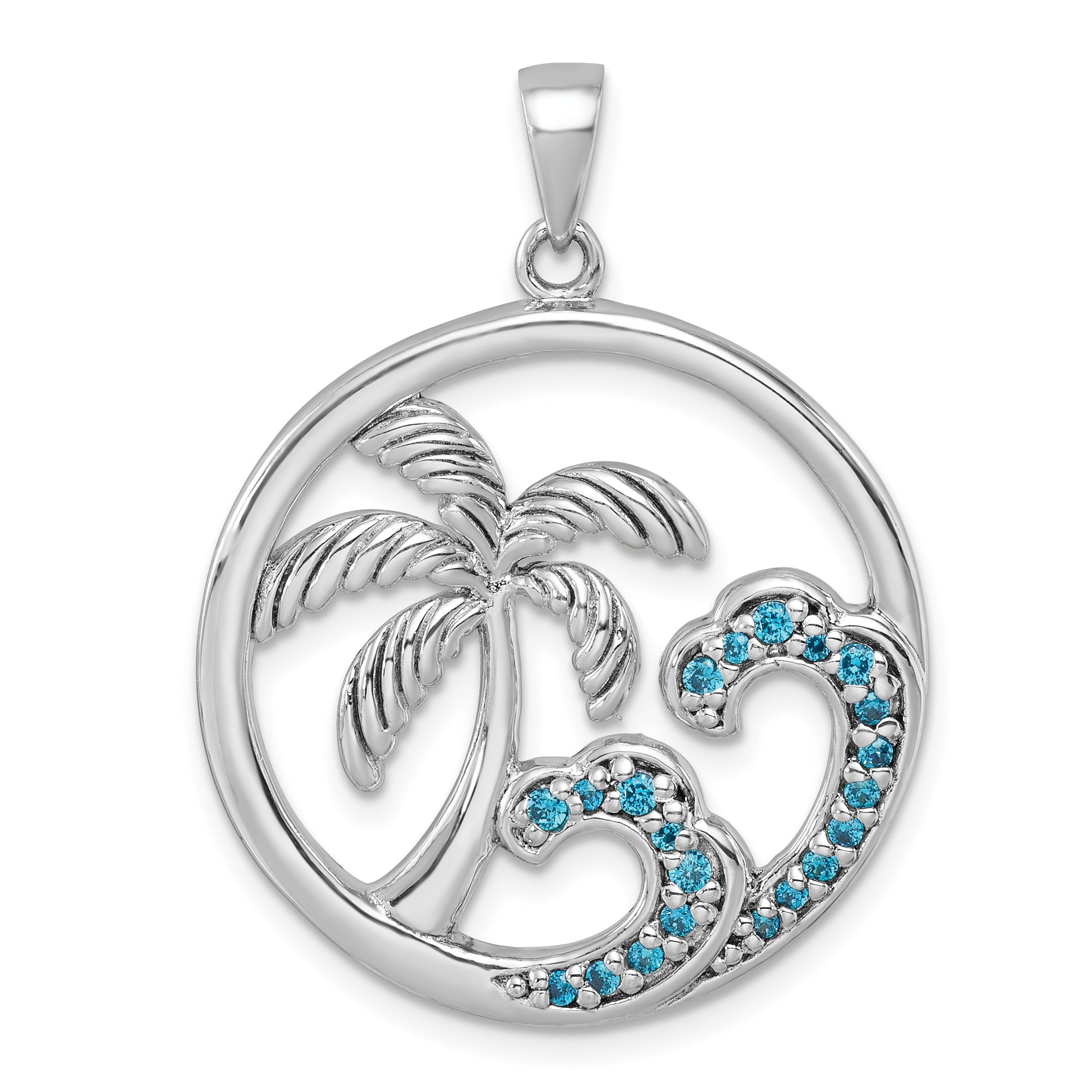 Sterling Silver Rhodium-Plated CZ Wave and Palm Tree Pendant