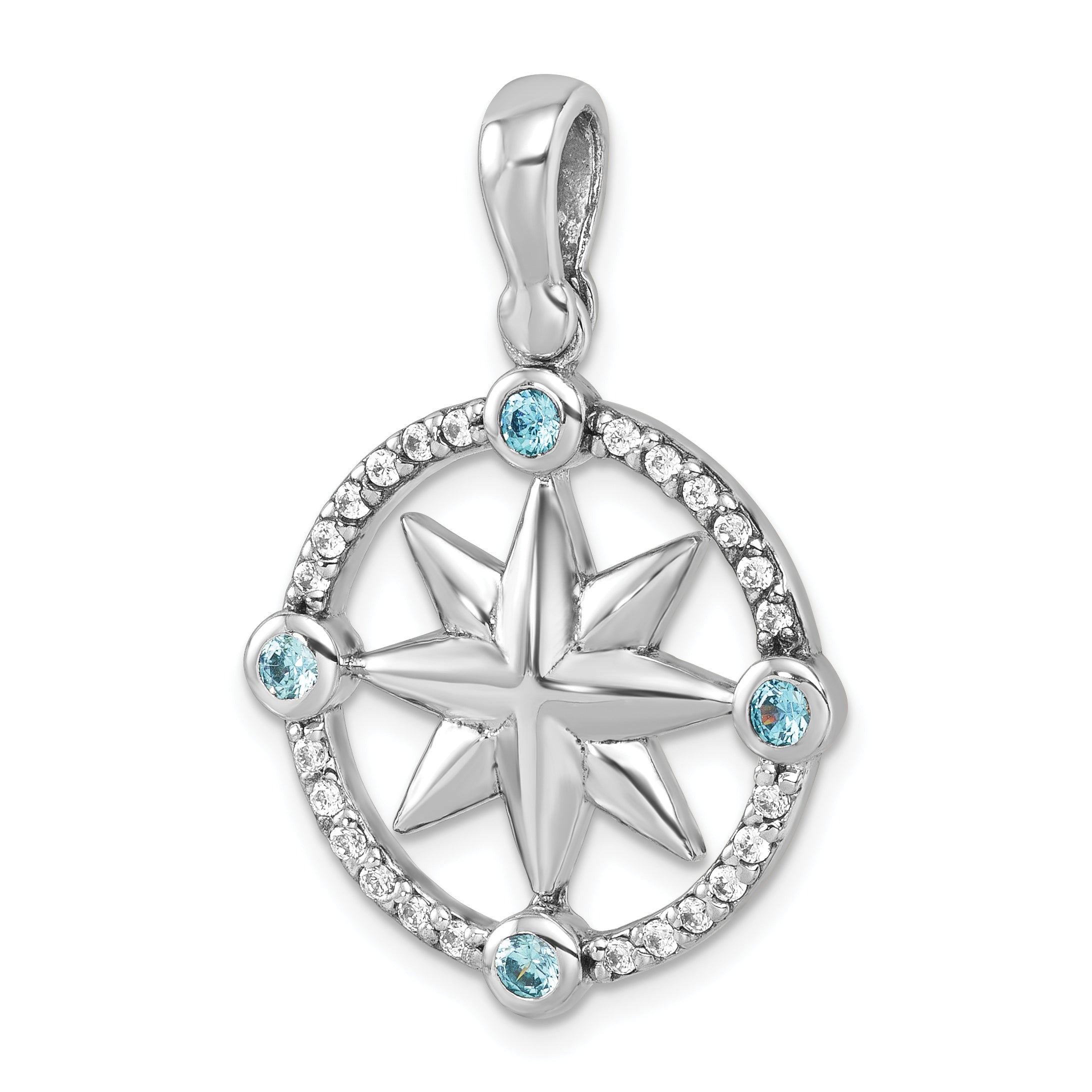 Sterling Silver Rhodium-Plated Polished CZ Compass Pendant