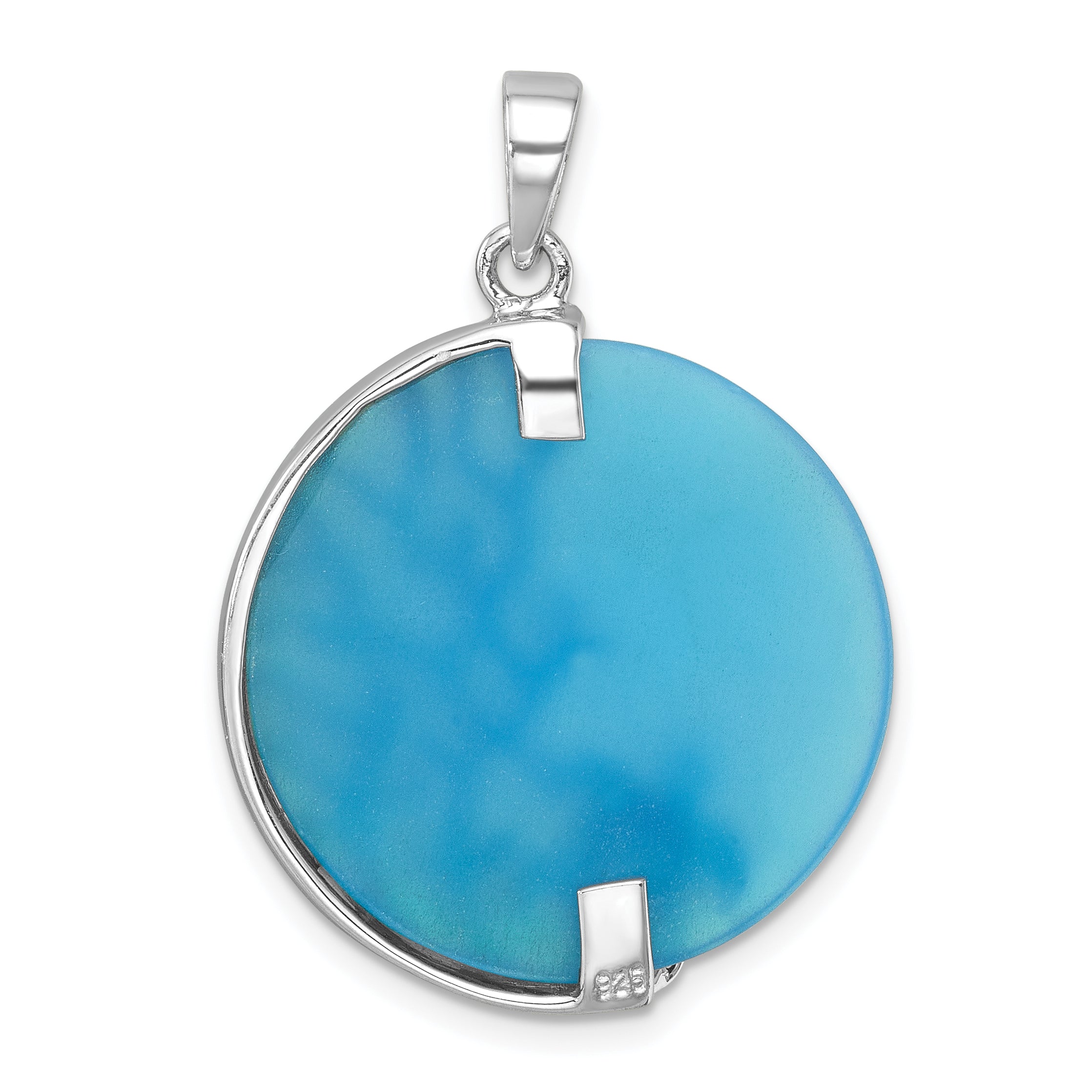 Sterling Silver Rhodium-Plated Polished Blue Agate Turtle & Reef Round Pendant