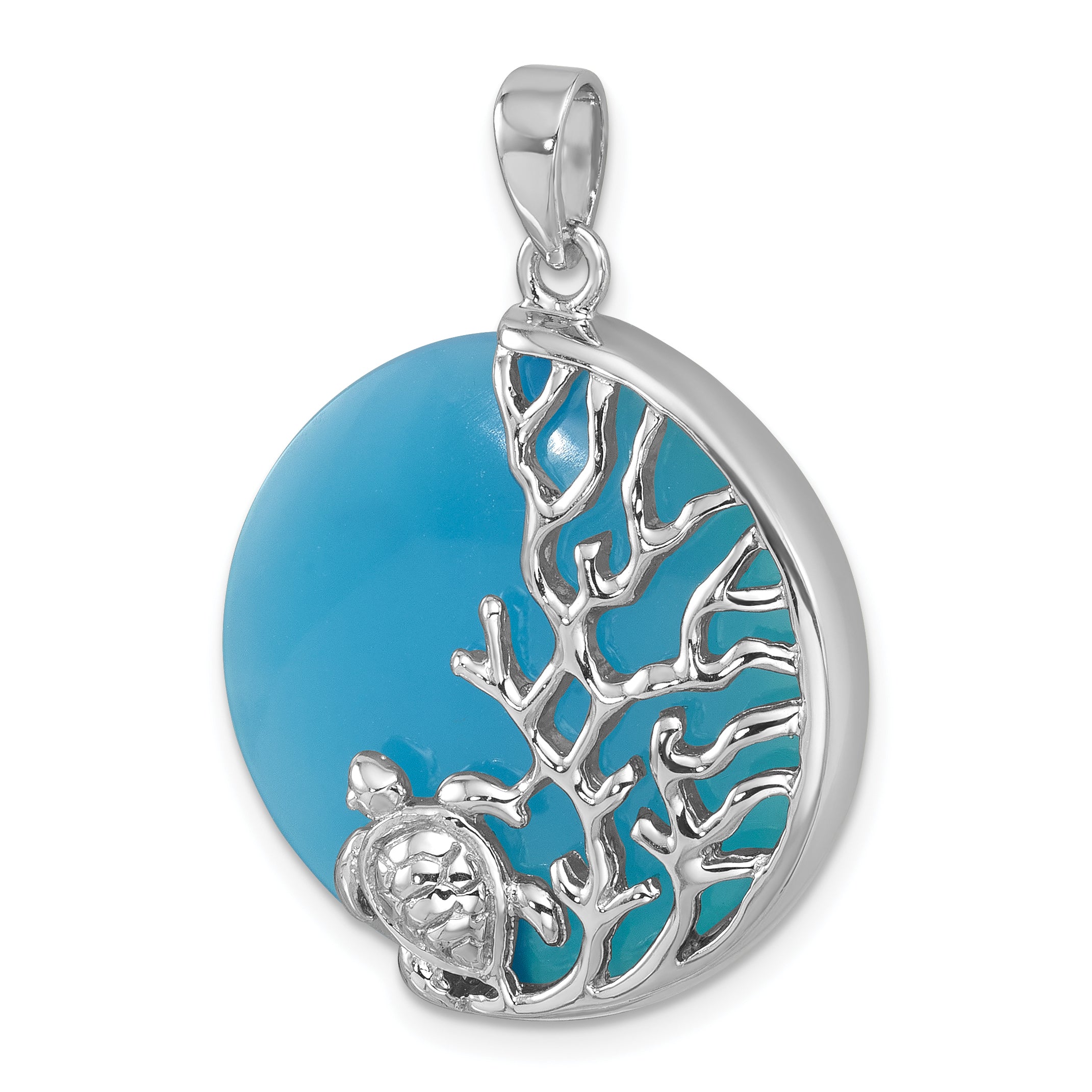 Sterling Silver Rhodium-Plated Polished Blue Agate Turtle & Reef Round Pendant