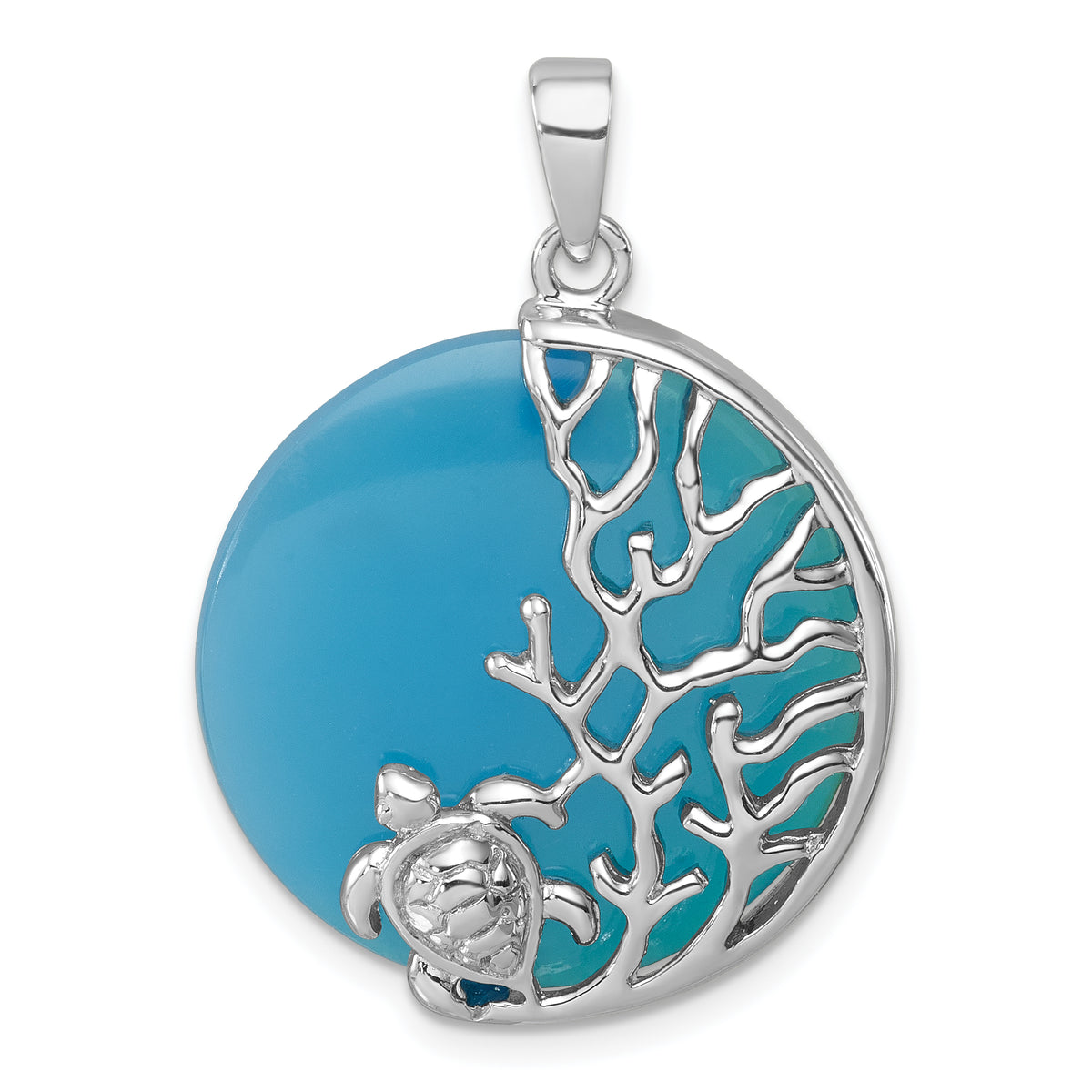 Sterling Silver Rhodium-Plated Polished Blue Agate Turtle & Reef Round Pendant