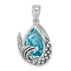 Sterling Silver Rhodium-Plated Polished & Antiqued Crystal Mermaid Tail Pendant