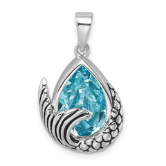 Sterling Silver Rhodium-Plated Polished & Antiqued Crystal Mermaid Tail Pendant