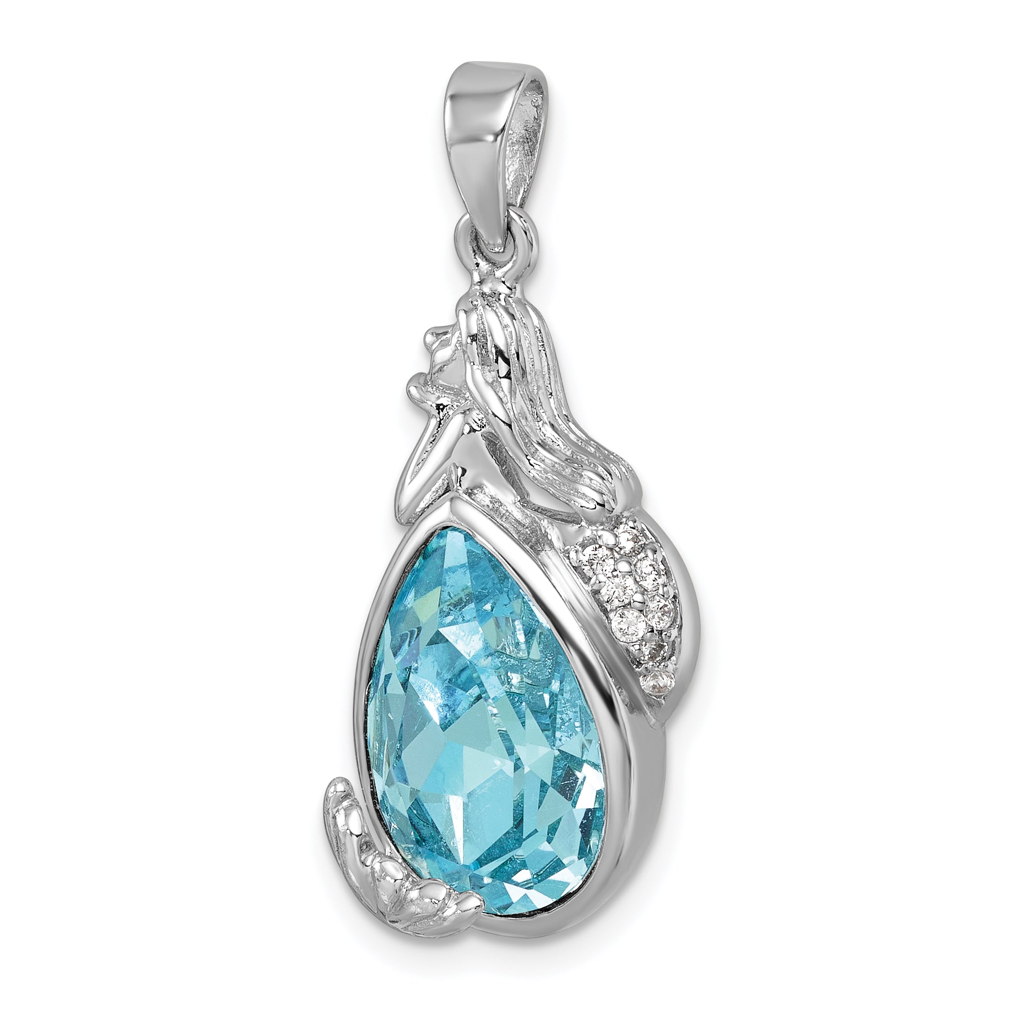 Sterling Silver Rhodium-Plated Polished Crystal Mermaid Pendant