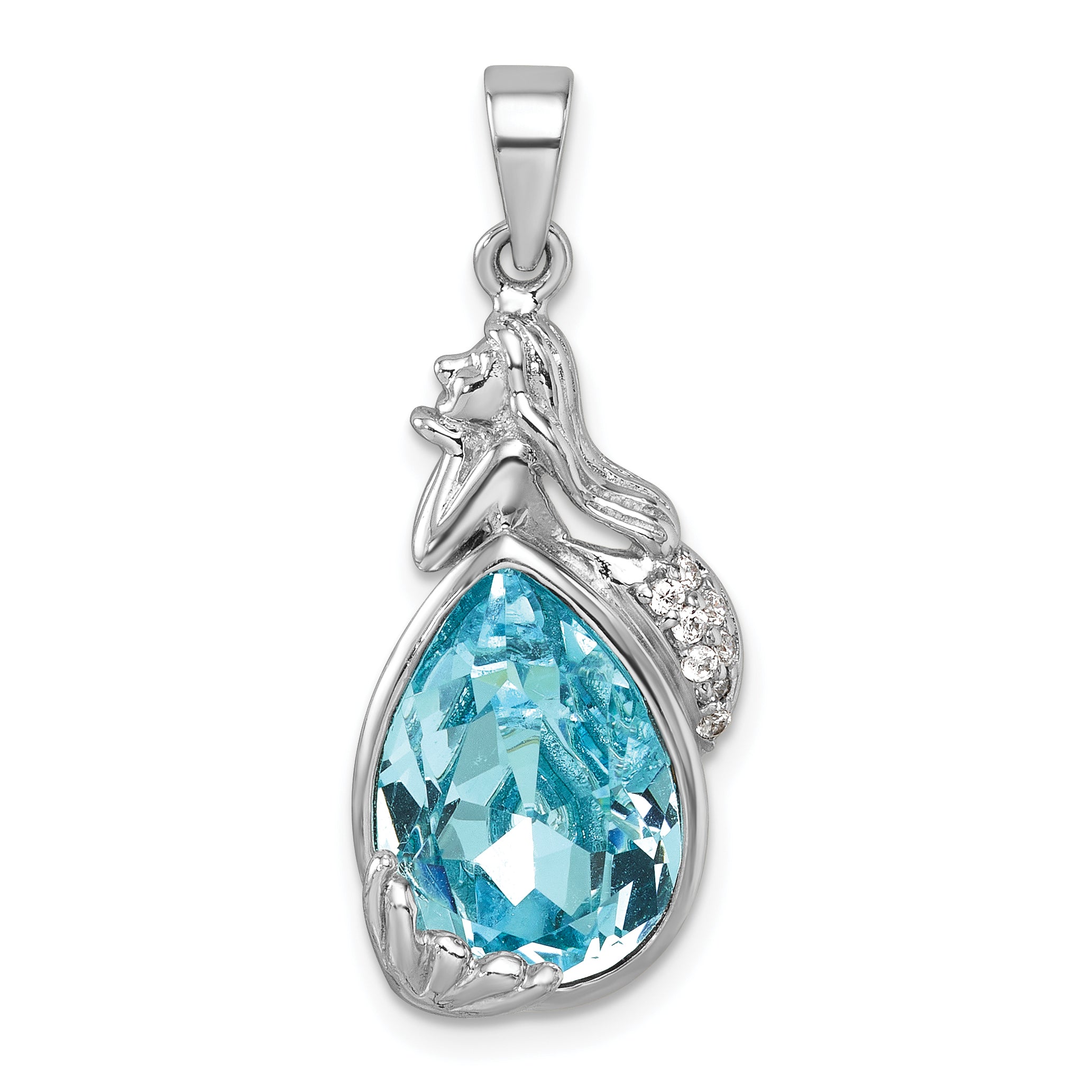 Sterling Silver Rhodium-Plated Polished Crystal Mermaid Pendant